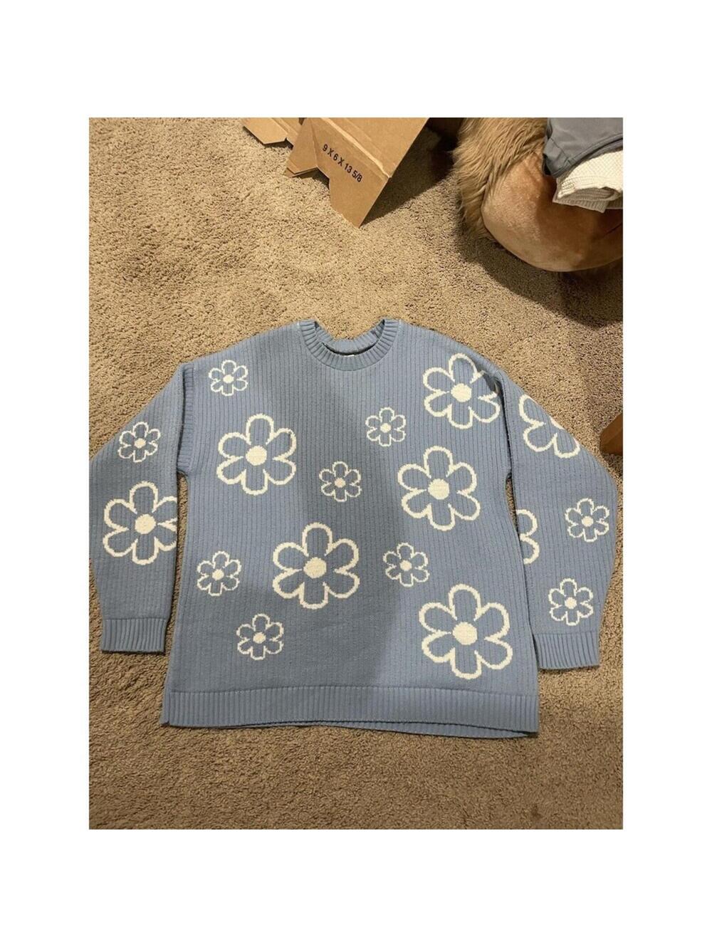 Asos Design Knitted Floral Blue Oversized Sweater daises S SMALL pullover women